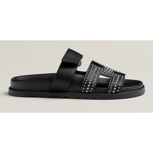 Hermes Chypre Sandal Black Silver Studded Stud H Logo Slide Slip On Flat 37.5 - Picture 3 of 12